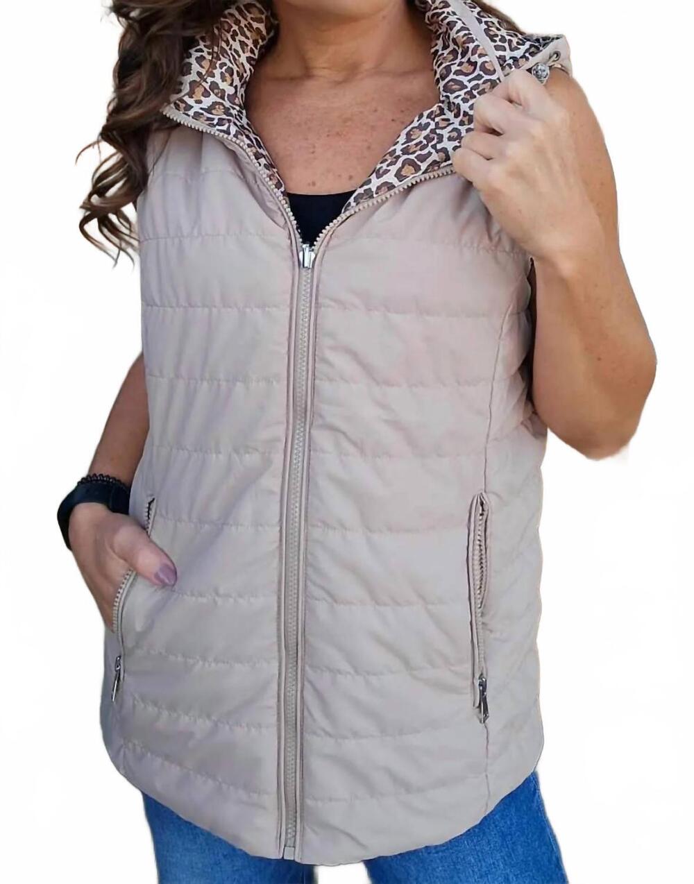 NEW PICADILLY reversible vest with hoodie in camel/animal print